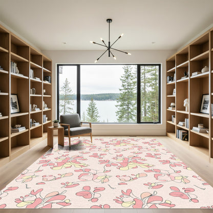 Pink Yellow Floral Line Art Rug