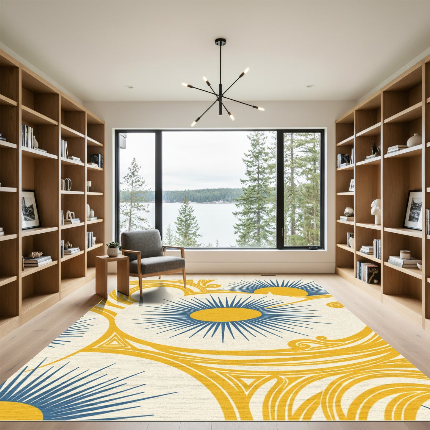 Golden Yellow Blue Sunburst Swirls Rug