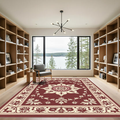 Deep Red Floral Medallion Garden Rug