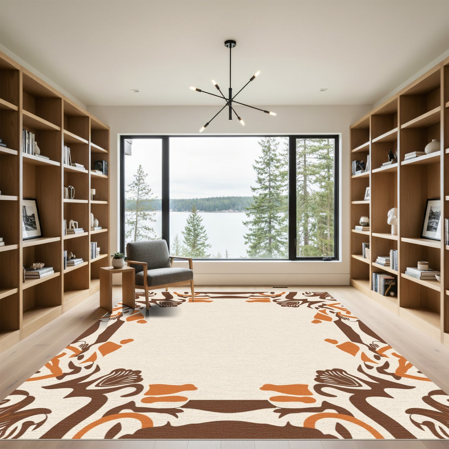 Earthy Ochre Brown Abstract Border Rug