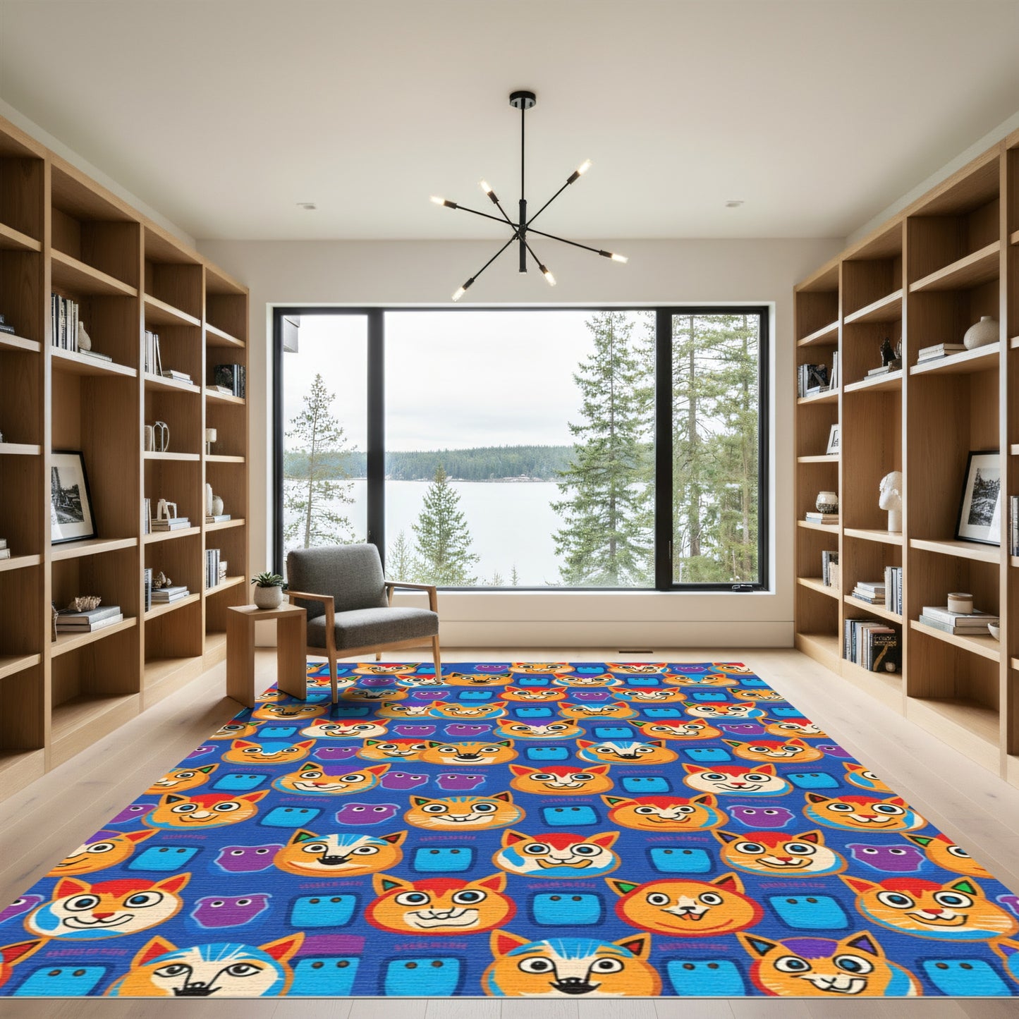 Playful Feline Faces Blue Background Rug