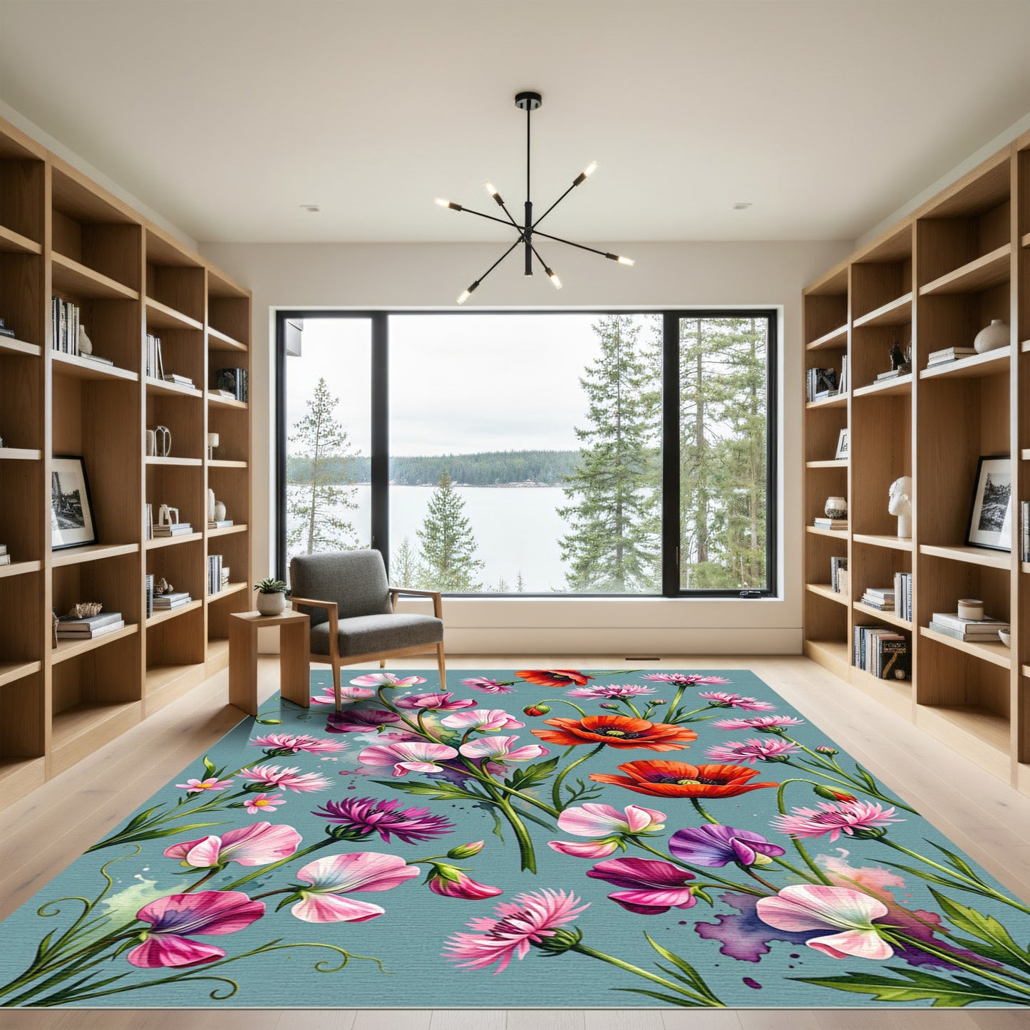 Watercolor Poppy and Sweet Pea Meadow Rug