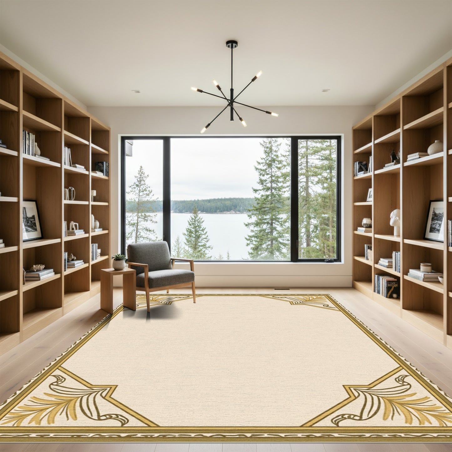 Cream Tan Golden Leaf Border Rug