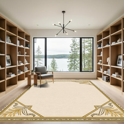 Cream Tan Golden Leaf Border Rug