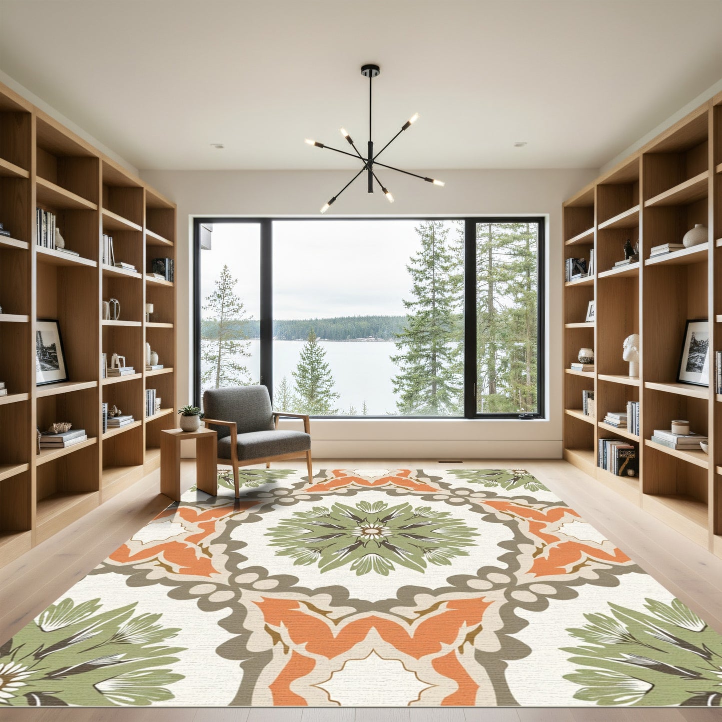 Orange Sage Green Floral Medallion Rug
