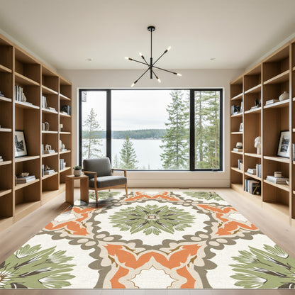Orange Sage Green Floral Medallion Rug