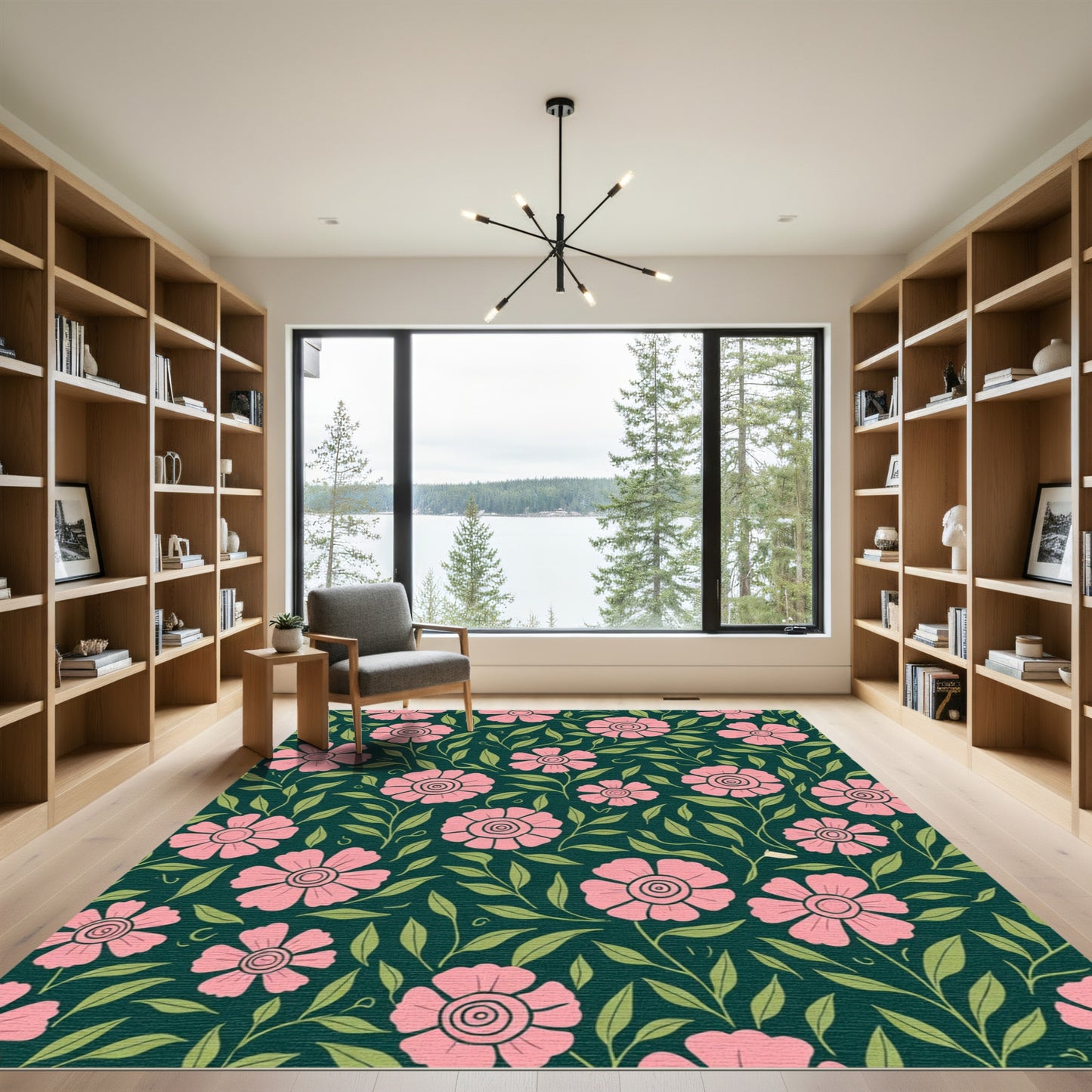 Pink Floral Vines Emerald Green Rug