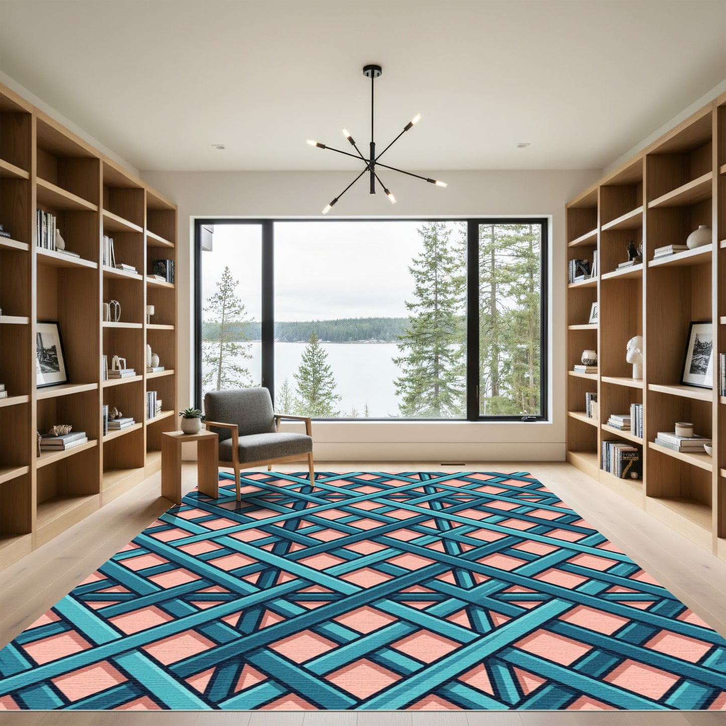Teal Lattice Grid Layered Geometric Rug