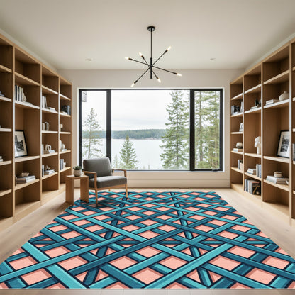 Teal Lattice Grid Layered Geometric Rug