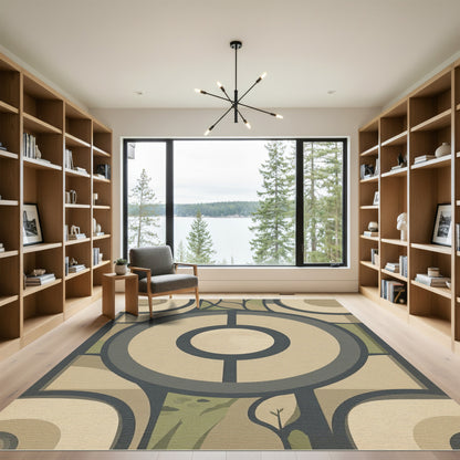 Neutral Green Circles Landscape Scene Rug