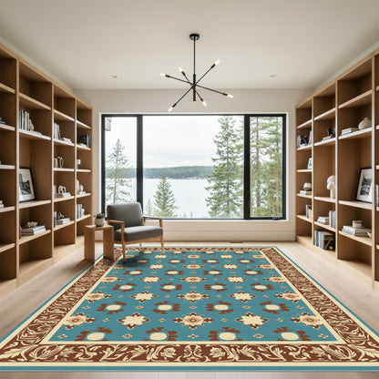 Teal Brown Floral Border Medallion Rug