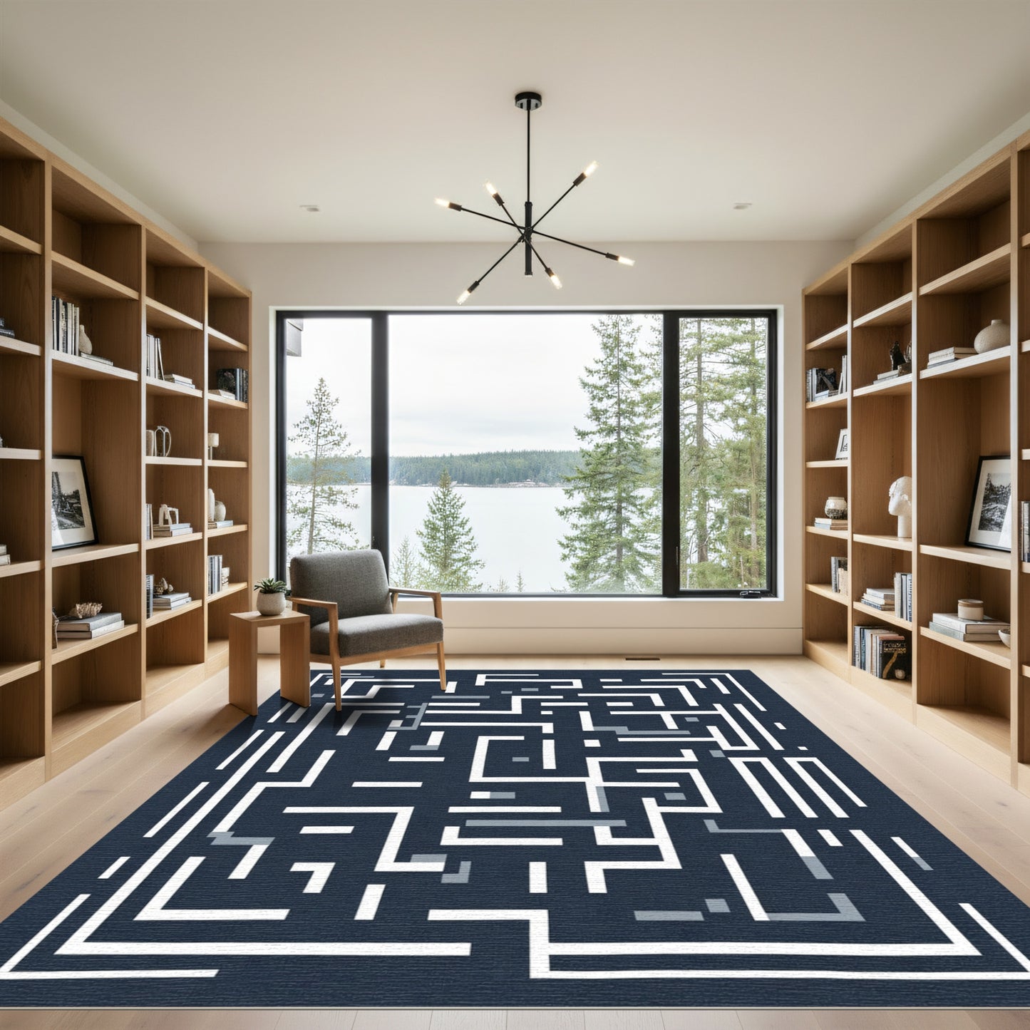White Navy Maze Labyrinth Graphic Rug