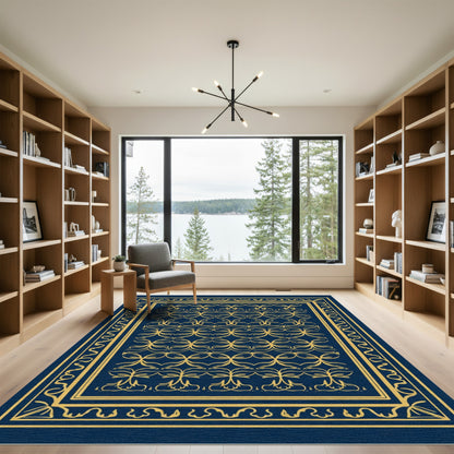 Gold Filigree Navy Floral Panel Rug