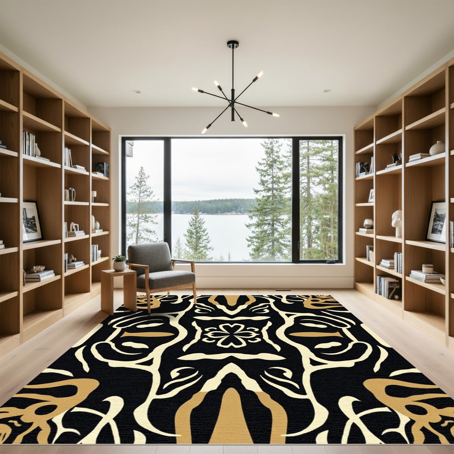 Bold Black Gold Floral Totem Rug