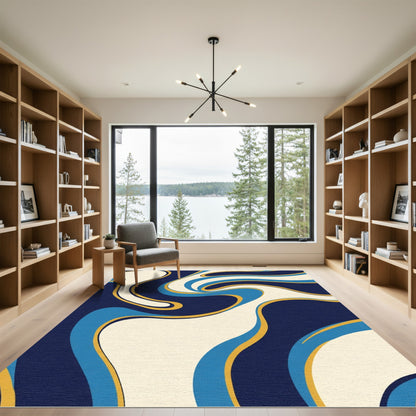 Retro Swirl Navy Blue Cream Gold Rug