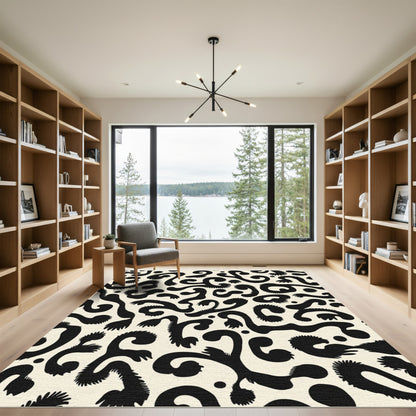 Black Abstract Swirls Ivory Organic Rug