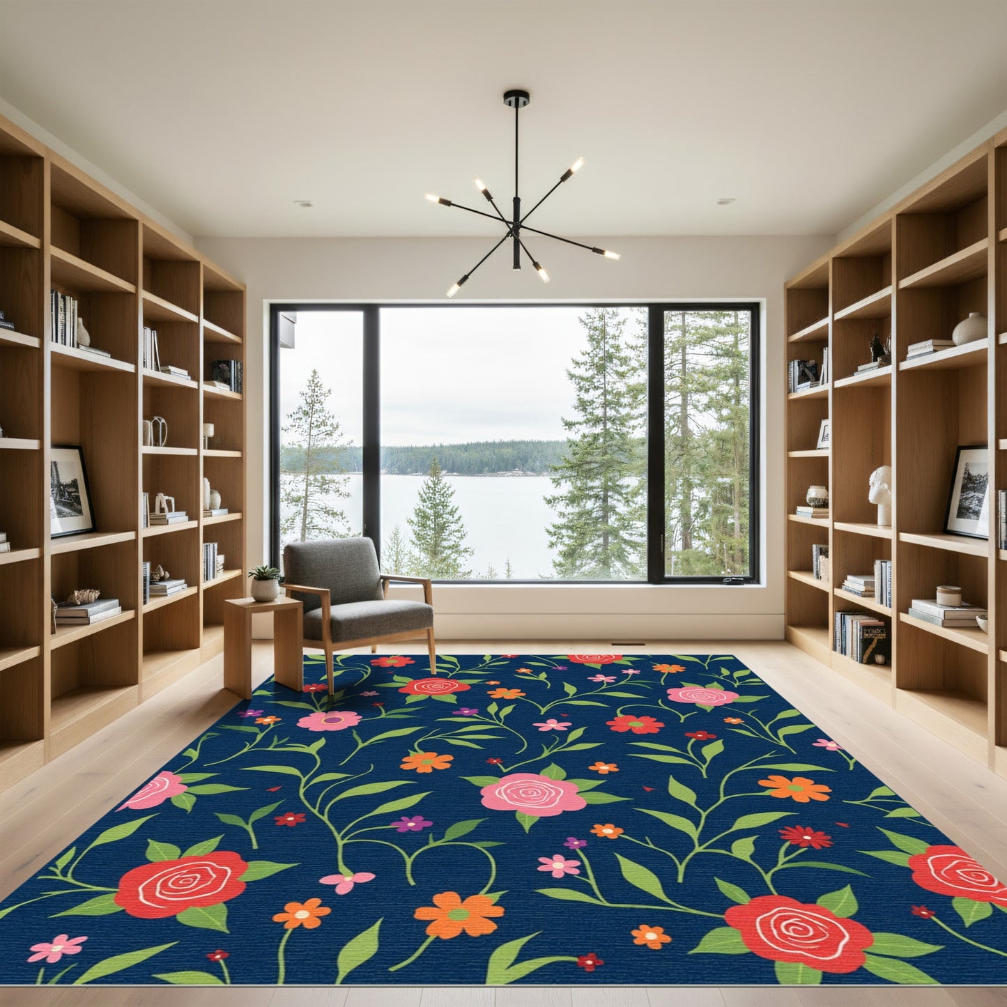 Navy Blue Floral Vines Garden Rug