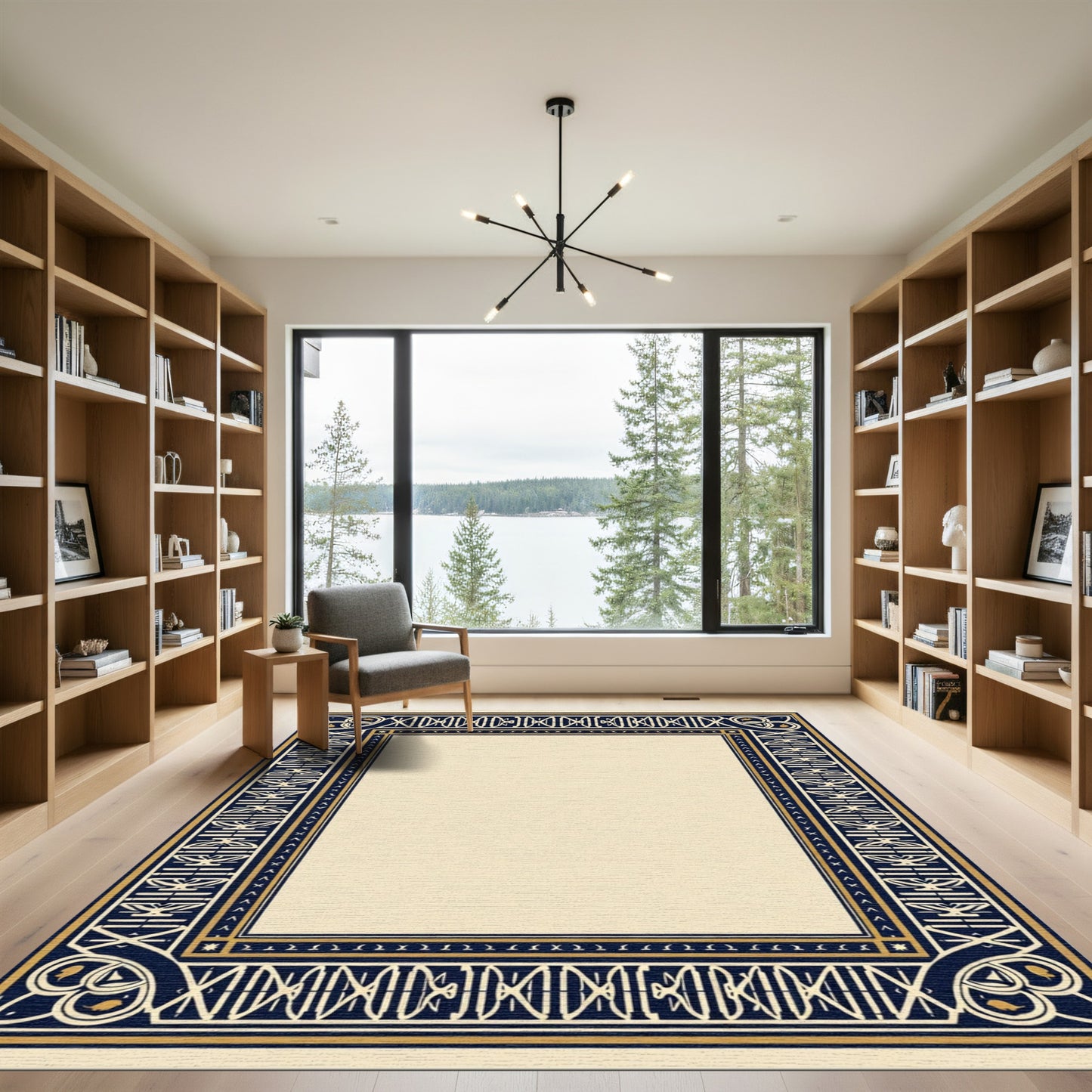 Navy Gold Art Deco Geometric Border Rug