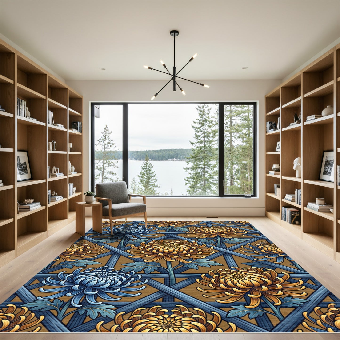 Blue Golden Chrysanthemum Lattice Rug
