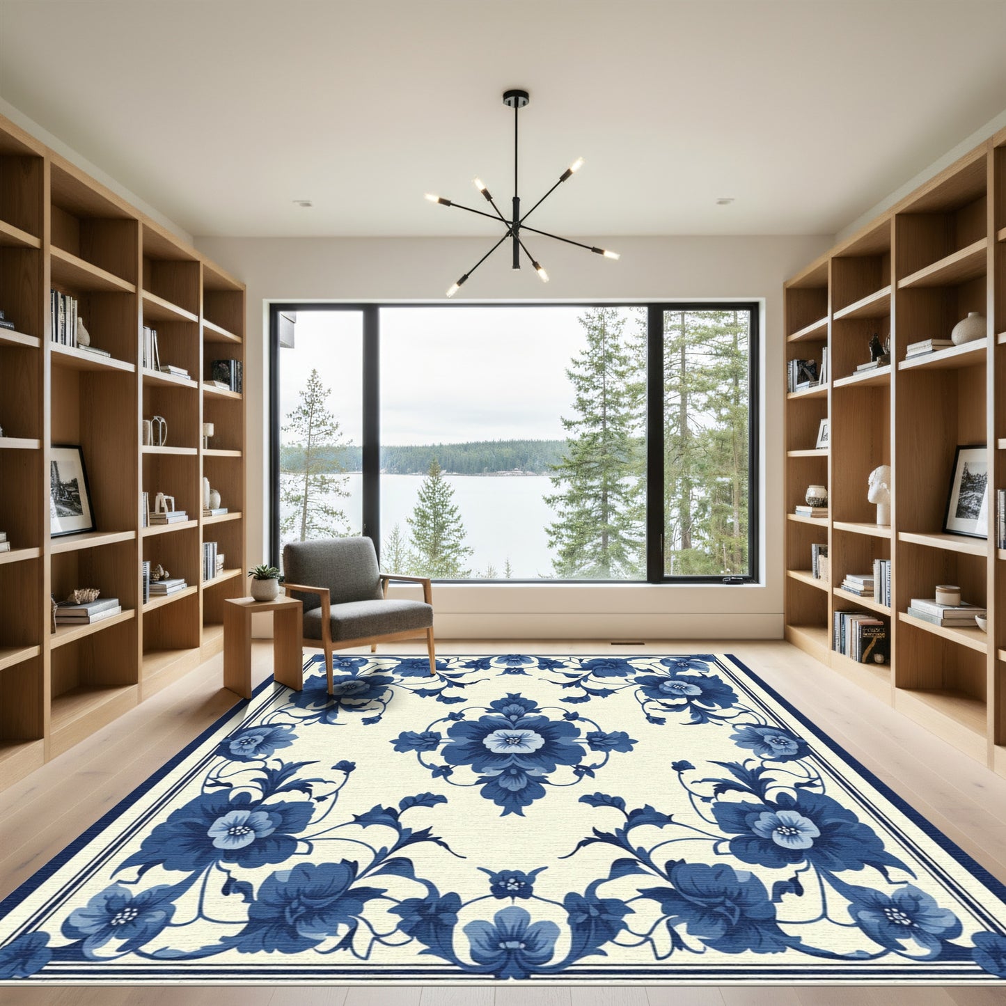 Elegant Blue Floral Scroll Meadow Rug