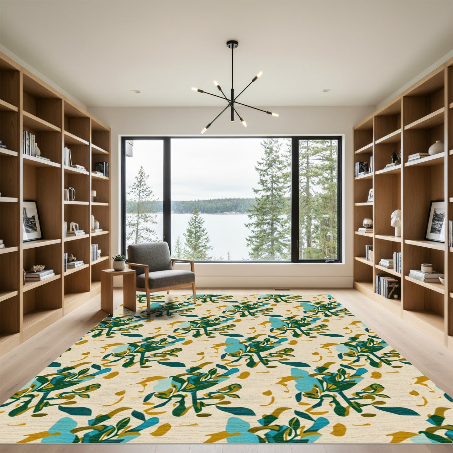 Teal Green Abstract Leaf Arrangement Rug