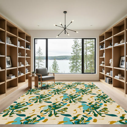 Teal Green Abstract Leaf Arrangement Rug