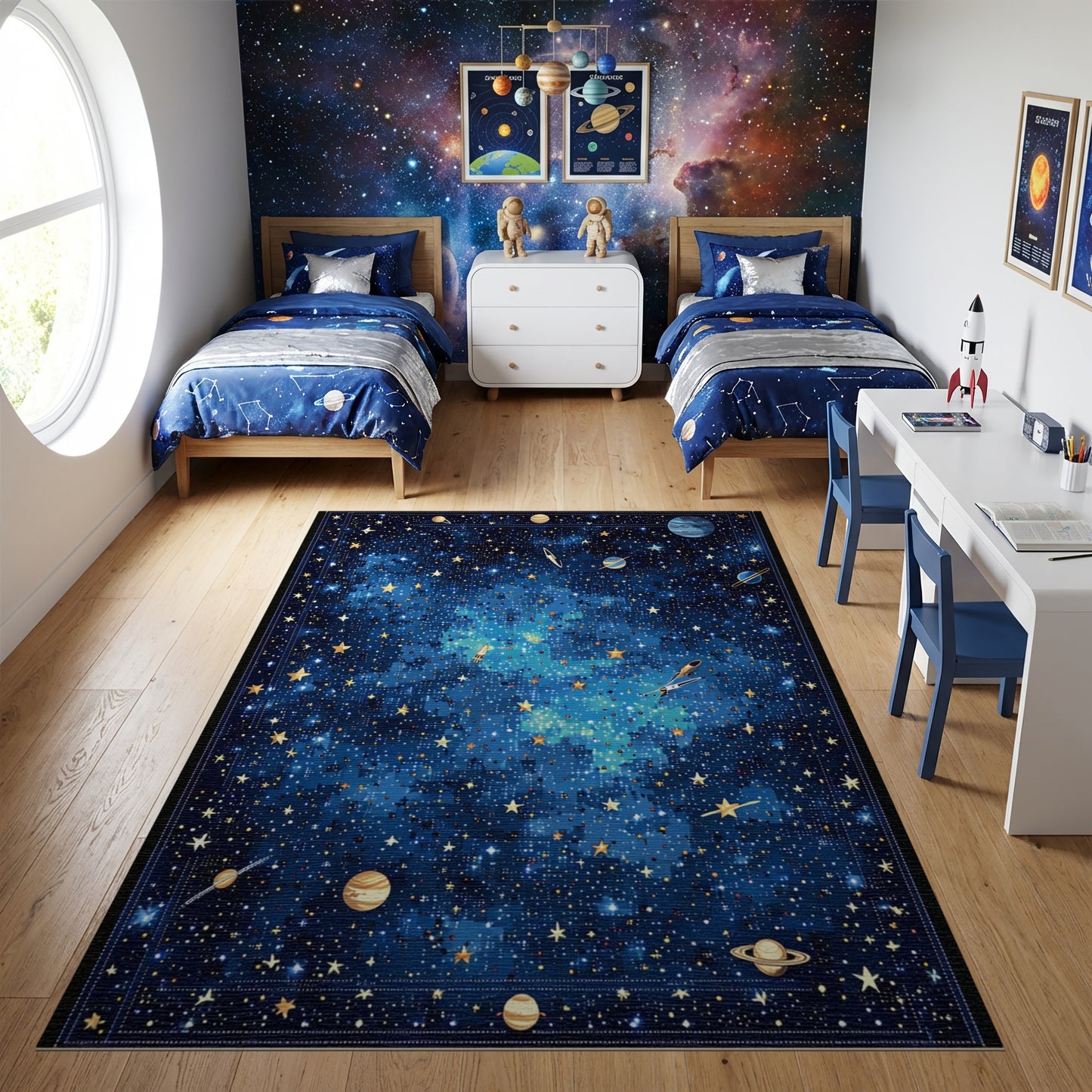 Cosmic Navy Stars Planets Nebula Rug