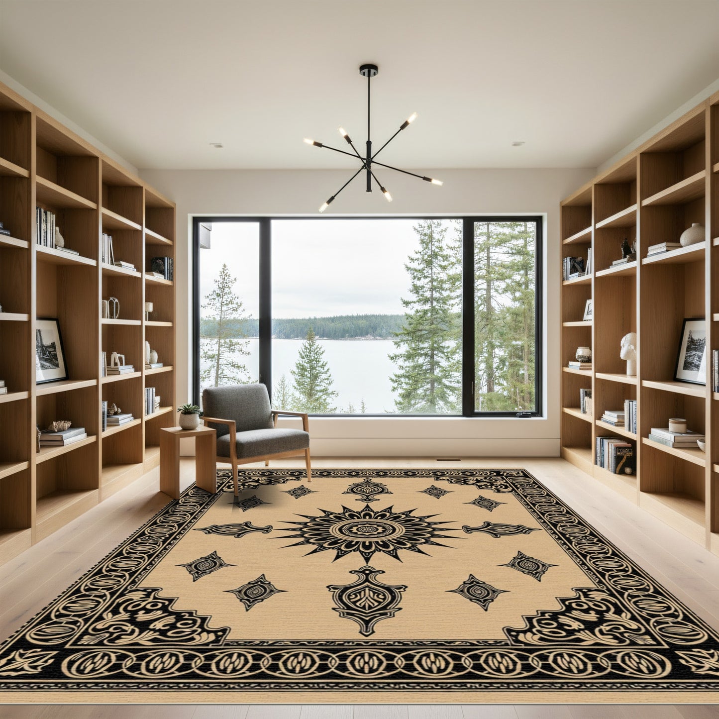 Black Sun Mandala Geometric Border Rug
