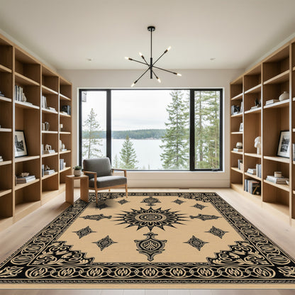 Black Sun Mandala Geometric Border Rug