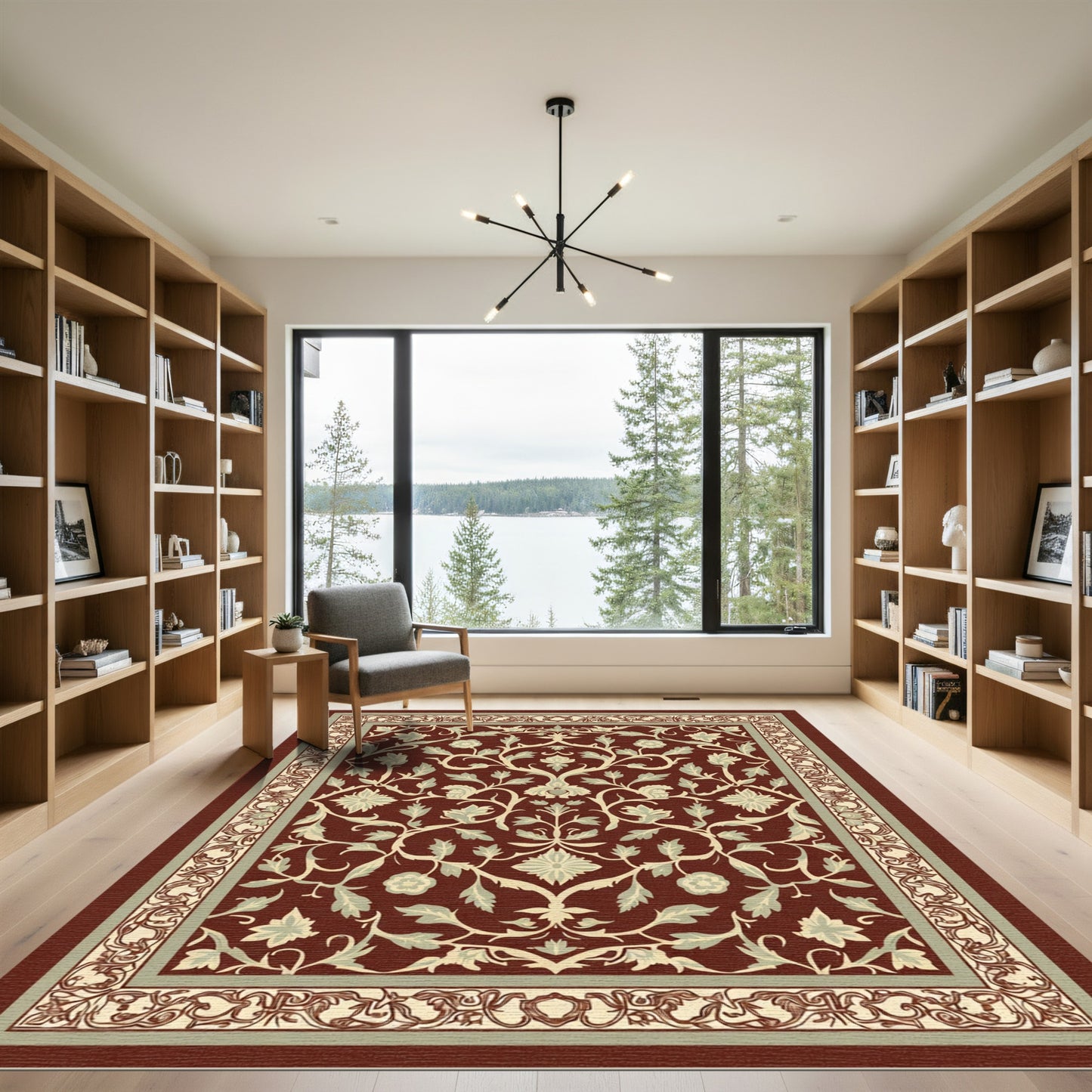 Crimson Floral Vine Medallion Frame Rug