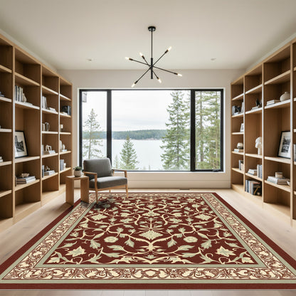 Crimson Floral Vine Medallion Frame Rug