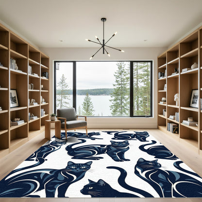 Midnight Blue Feline Silhouette Illustration Rug