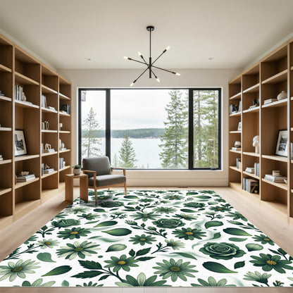 Elegant Sage Green Rose Botanical Meadow Rug