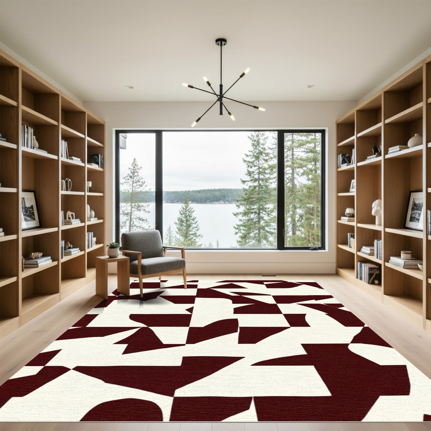 Deep Crimson Abstract Geometric Patchwork Rug