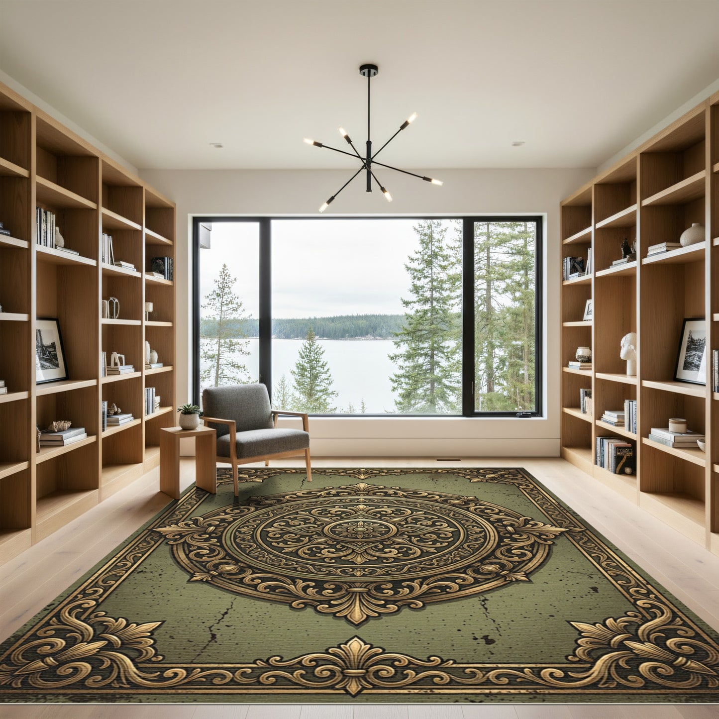 Ornate Olive Gold Filigree Medallion Rug