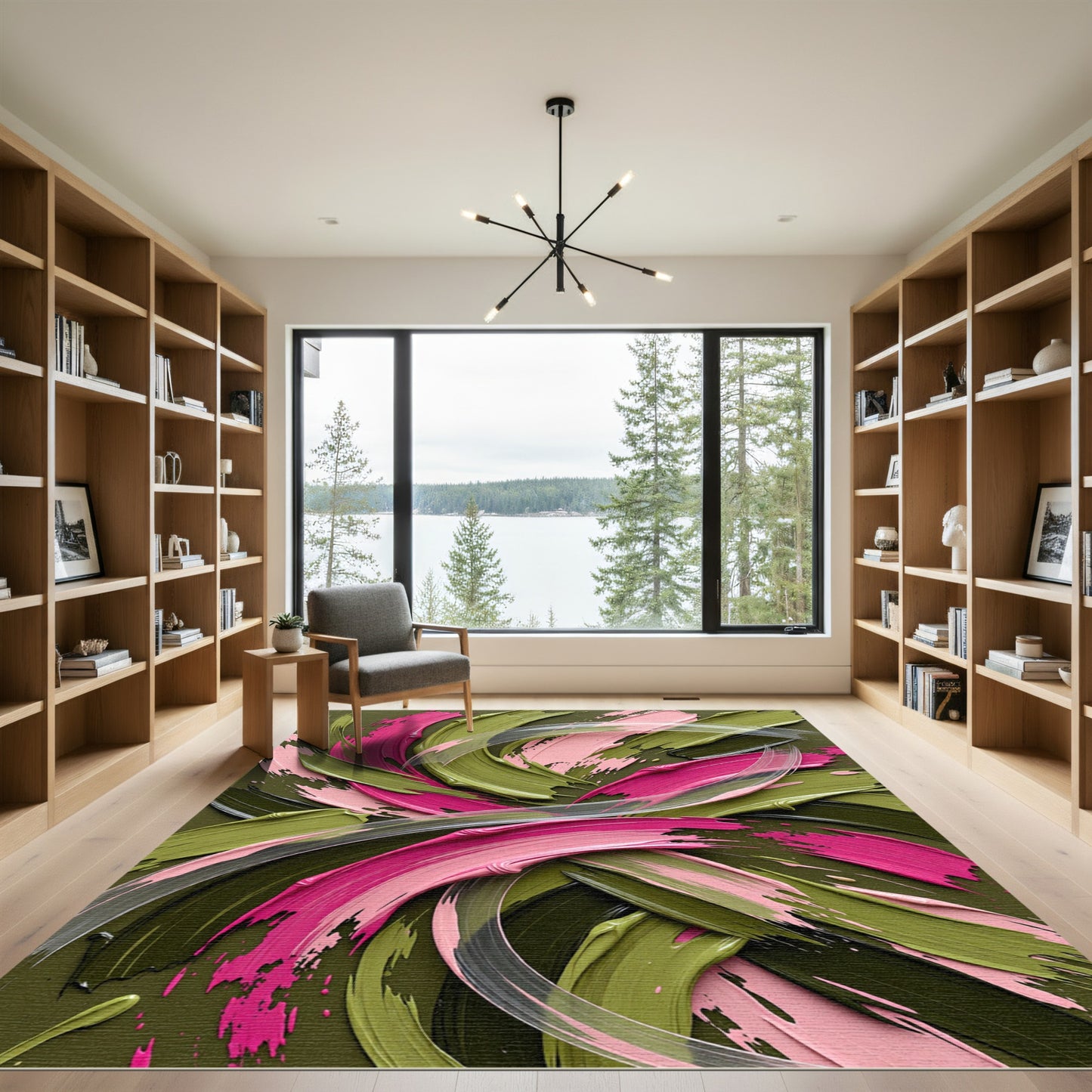 Bold Pink and Olive Abstract Swirls Rug