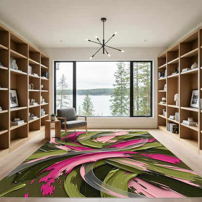 Bold Pink and Olive Abstract Swirls Rug