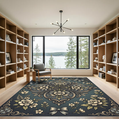 Elegant Slate Floral Bouquet Medallion Rug