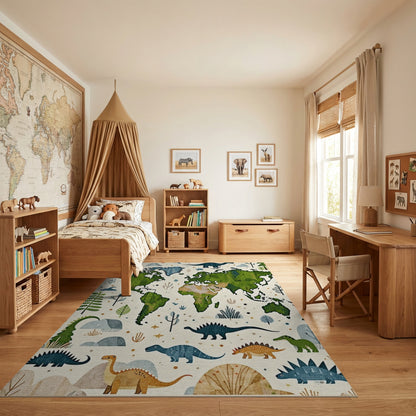 Whimsical Dinosaur World Map Rug