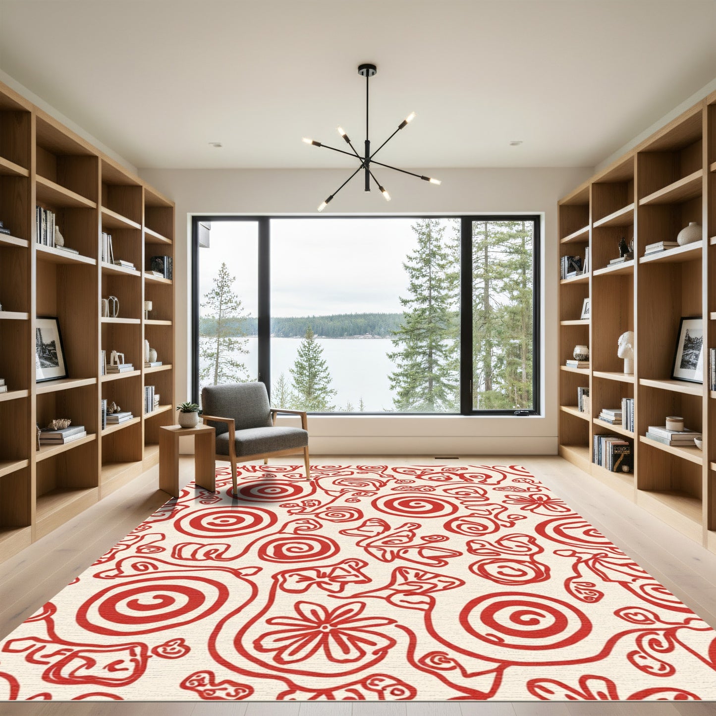 Crimson Floral Swirls Abstract Rug