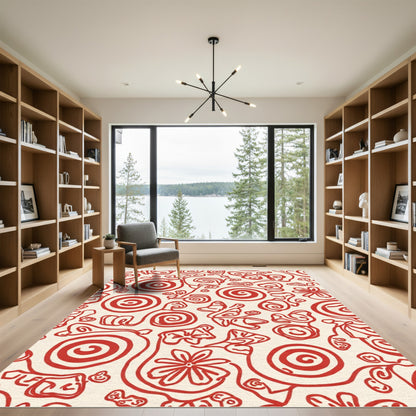 Crimson Floral Swirls Abstract Rug