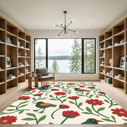 Red Floral Birds on Cream Rug