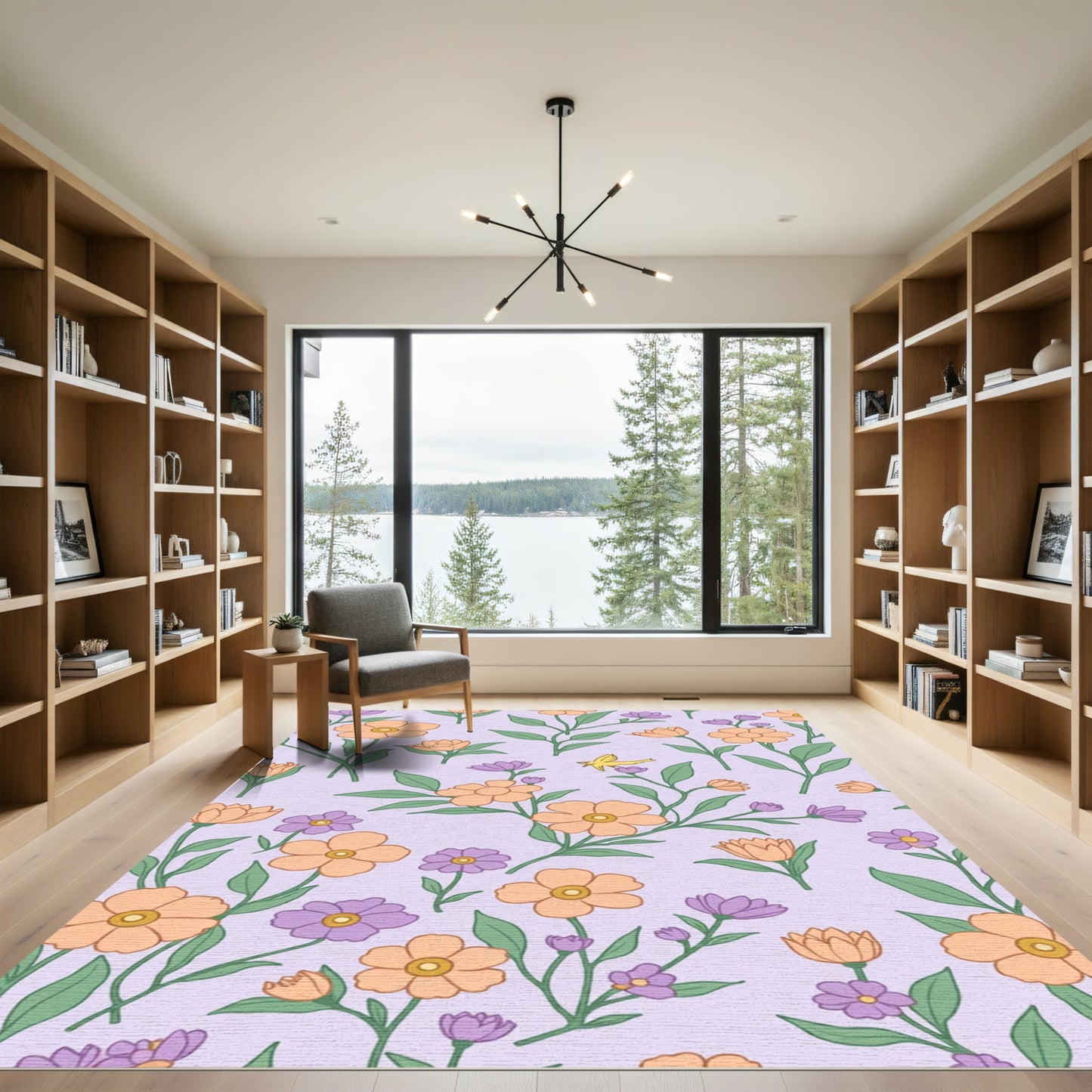 Orange Purple Pastel Floral Bird Field Rug