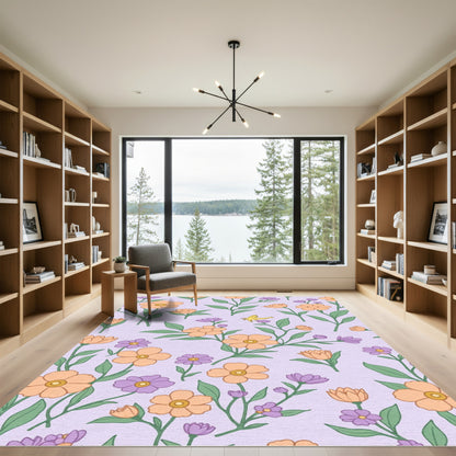 Orange Purple Pastel Floral Bird Field Rug