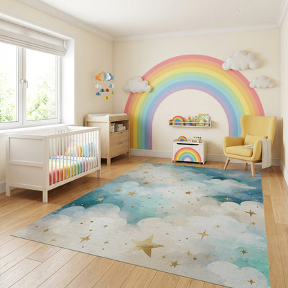 Dreamy Teal Clouds Golden Stars Rug