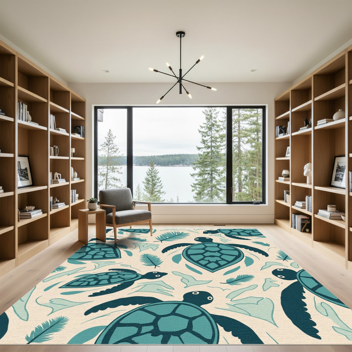 Teal Sea Turtle Feather Pattern Rug