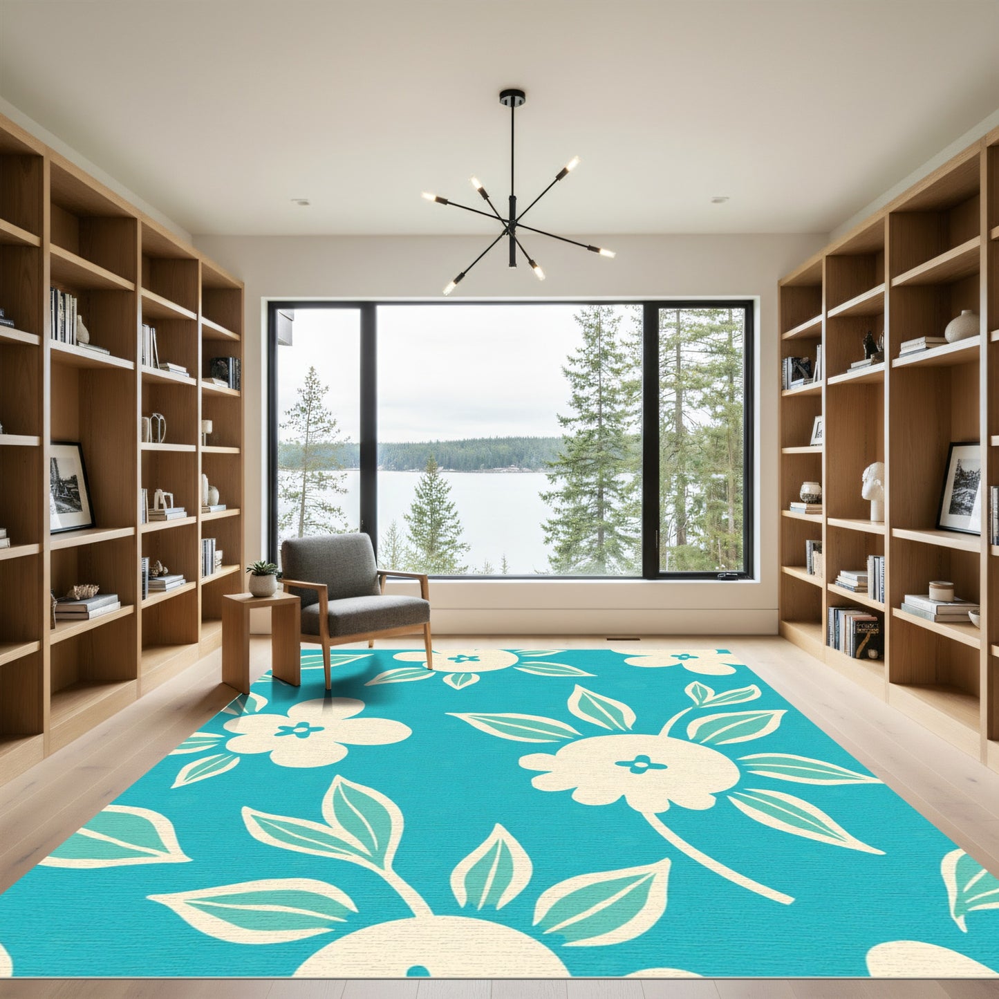 Cream Floral Teal Background Rug