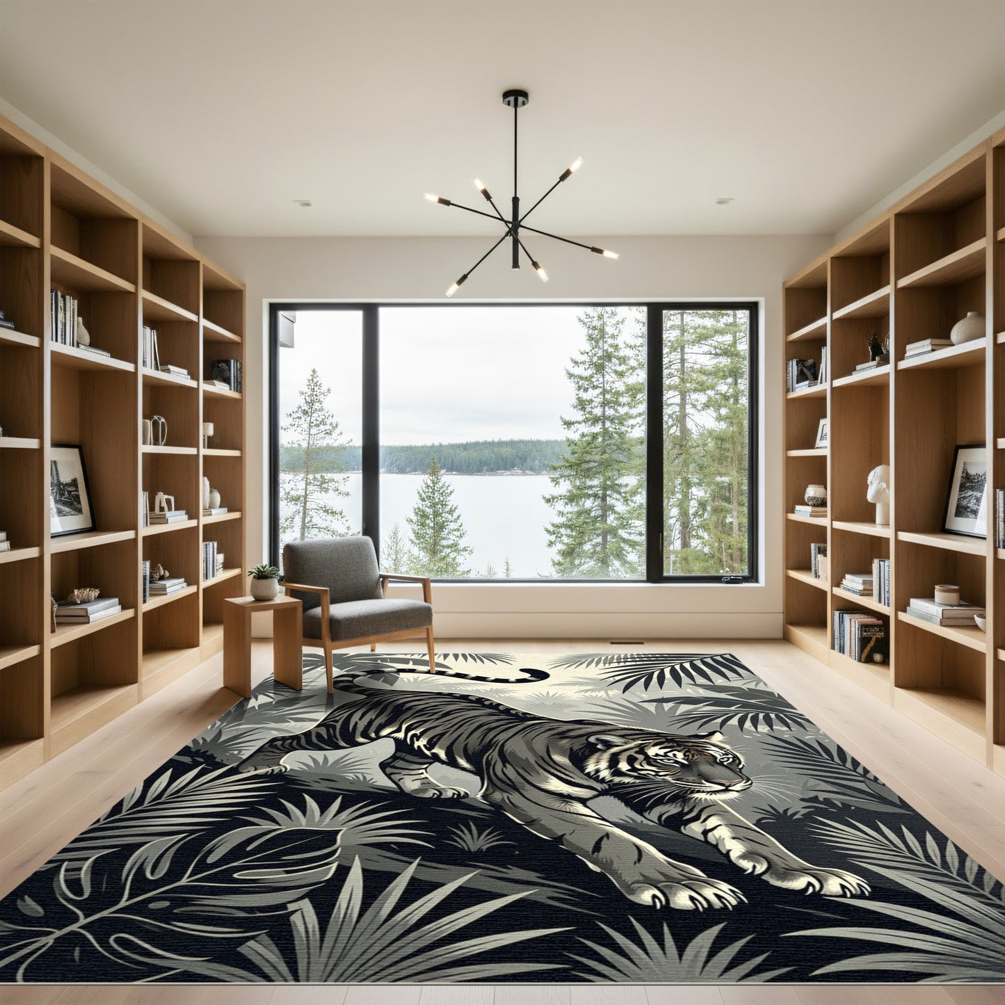 Monochromatic Jungle Tiger Tropical Foliage Rug