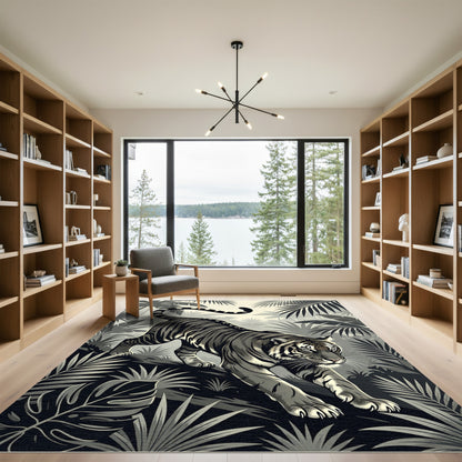 Monochromatic Jungle Tiger Tropical Foliage Rug