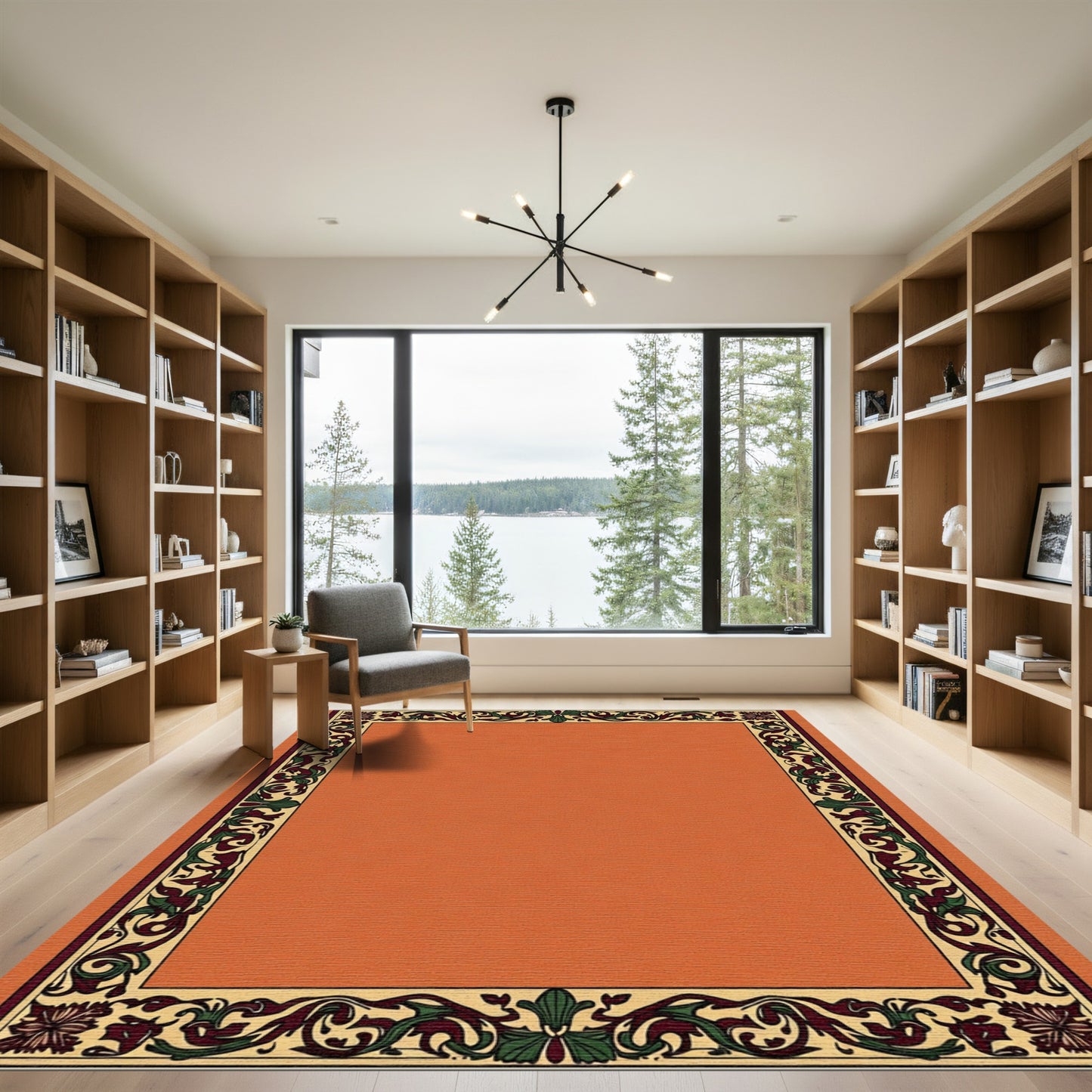 Ornate Earthy Tone Floral Border Rug